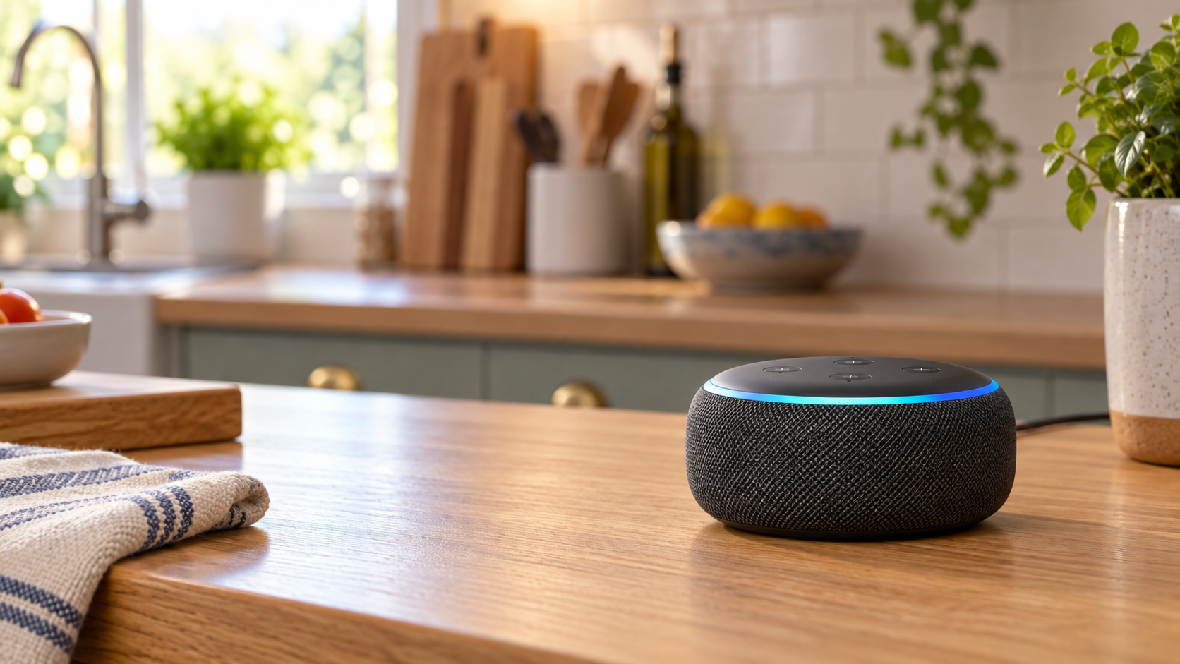 Alexa smart speaker sitting on a kitchen counter